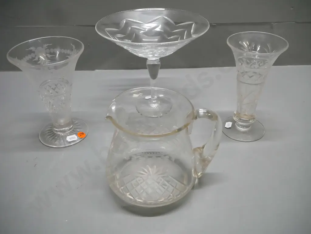 4x crystal items: 2x vases, compote, small water jug. Compote H-170 [light age wear to all] Image 1++