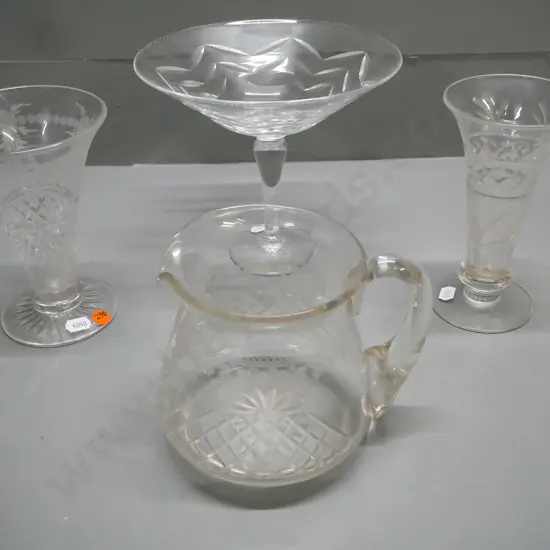 4x crystal items: 2x vases, compote, small water jug. Compote H-170 [light age wear to all]