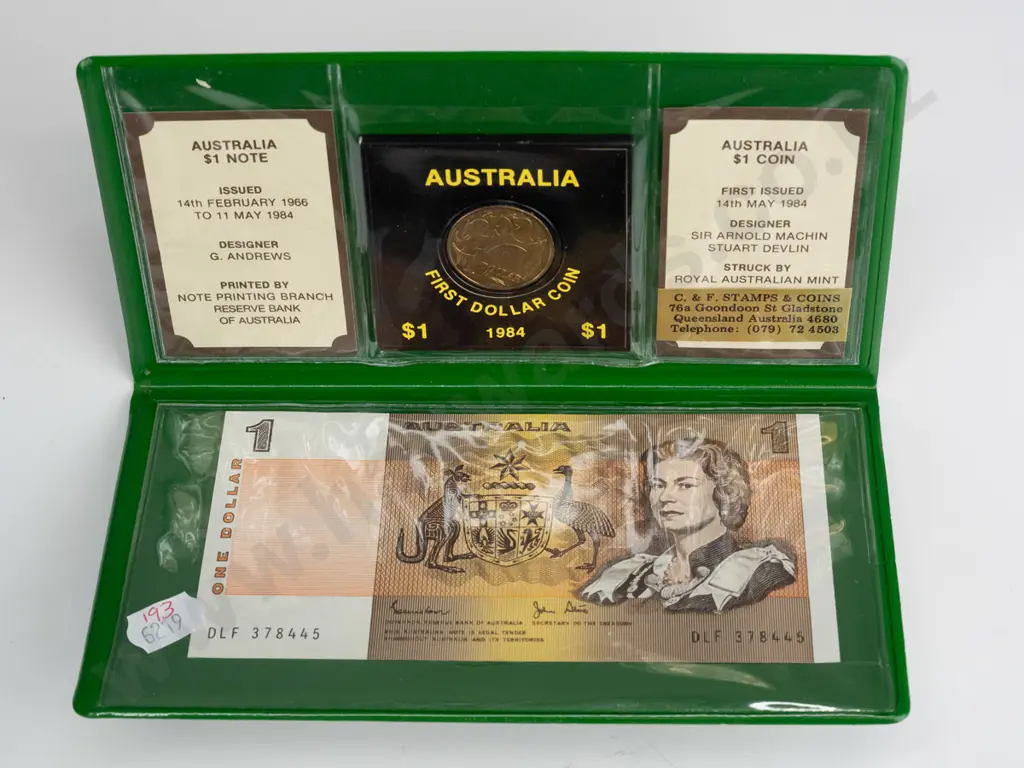 Australian last $1 note - first $1 coin set -note issued 14th feb 1966 to 11th may 1984 -coin first issued 14th may 1984 Image 1++