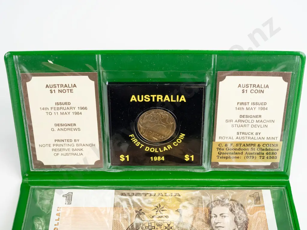 Australian last $1 note - first $1 coin set -note issued 14th feb 1966 to 11th may 1984 -coin first issued 14th may 1984 Image 1++