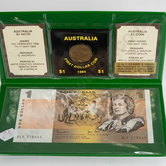 Australian last $1 note - first $1 coin set -note issued 14th feb 1966 to 11th may 1984 -coin first issued 14th may 1984