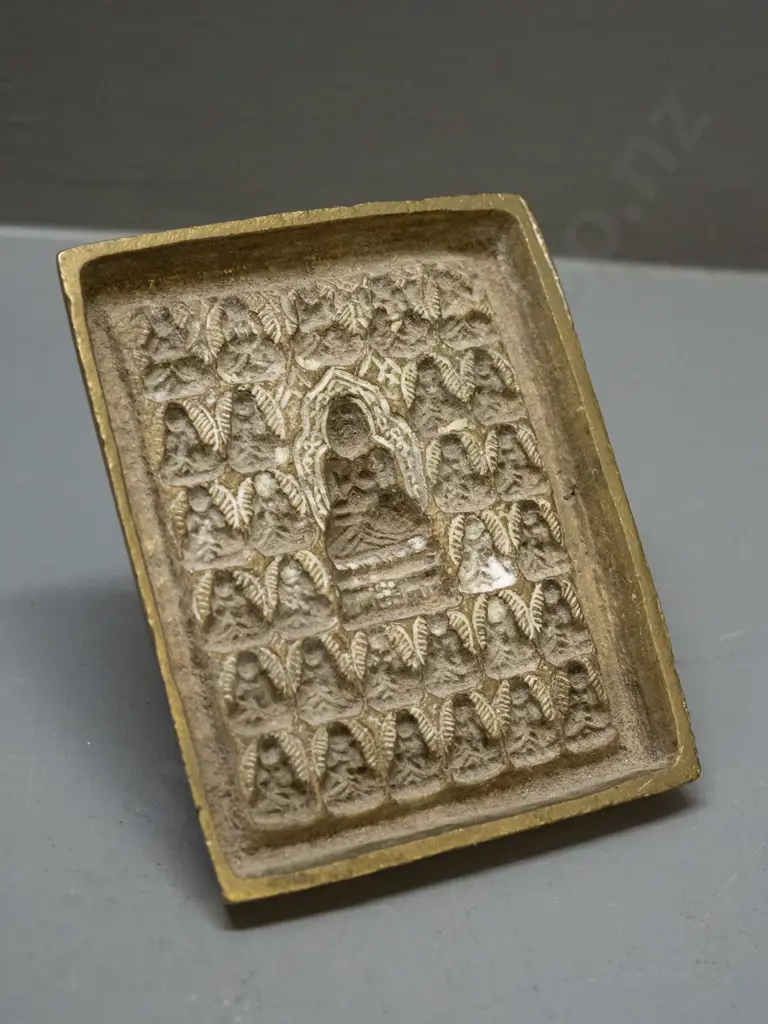 Tibetan brass votive clay plaque mould - some white residue H-100 W-90 Handle in back L-40 Image 1++