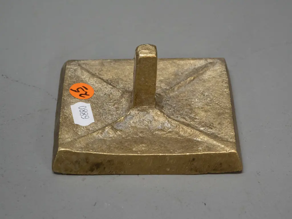 Tibetan brass votive clay plaque mould - some white residue H-100 W-90 Handle in back L-40 Image 1++