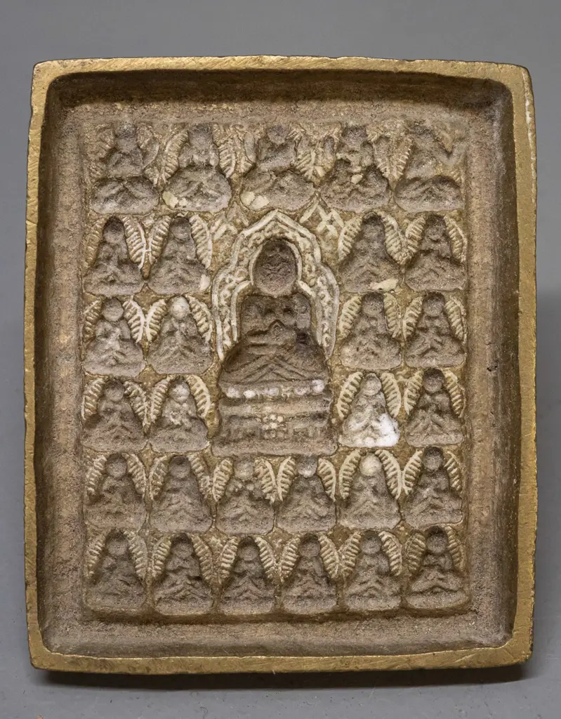 Tibetan brass votive clay plaque mould - some white residue H-100 W-90 Handle in back L-40 Image 1++