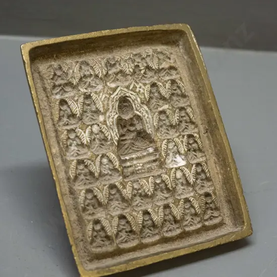 Tibetan brass votive clay plaque mould - some white residue H-100 W-90 Handle in back L-40