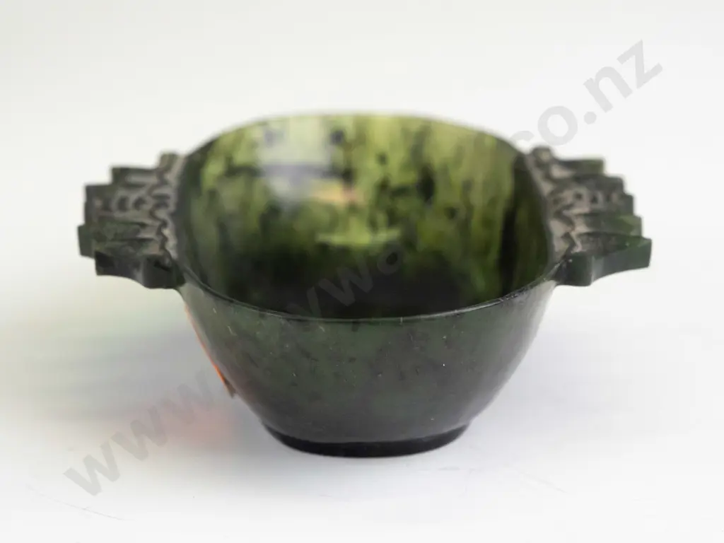 Chinese carved lettuce jade or other green stone dish with bat handles L-100 Image 1++