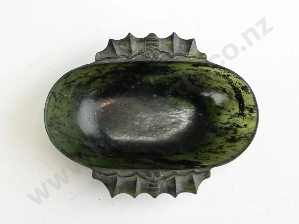 Chinese carved lettuce jade or other green stone dish with bat handles L-100 Image 1++
