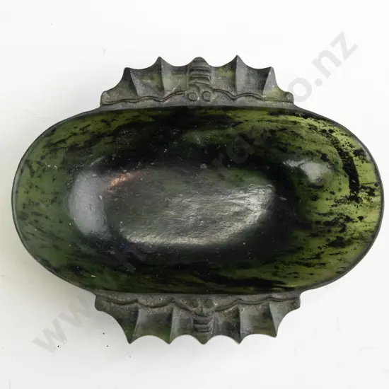 Chinese carved lettuce jade or other green stone dish with bat handles L-100