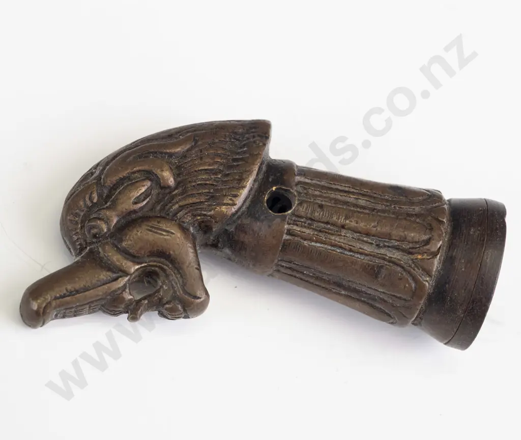 cast bronze seal with bird or dragon head, threaded stamp with shell motif, holes for strap H-75 - some corrosion inside Image 1++