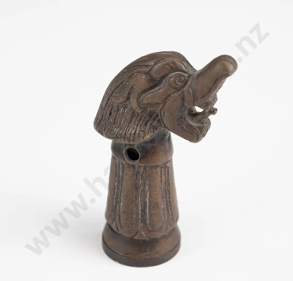 cast bronze seal with bird or dragon head, threaded stamp with shell motif, holes for strap H-75 - some corrosion inside Image 1++