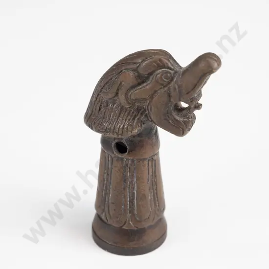 cast bronze seal with bird or dragon head, threaded stamp with shell motif, holes for strap H-75 - some corrosion inside