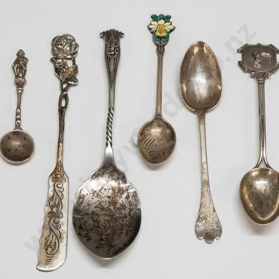 small sterling silver cutlery items - 5 teaspoons and a small butter knife - some are hallmarked, some marked "sterling"