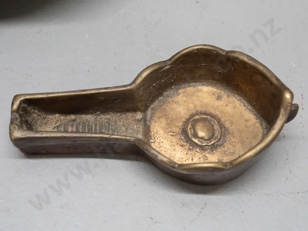 2 small cast bronze items - ladle or scoop with fitting for handle and a smaller vessel or incense burner with scalloped Image 1++