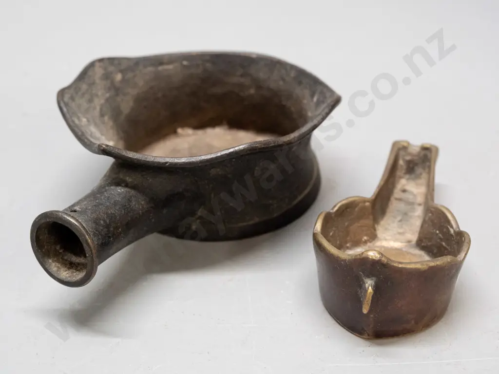 2 small cast bronze items - ladle or scoop with fitting for handle and a smaller vessel or incense burner with scalloped Image 1++