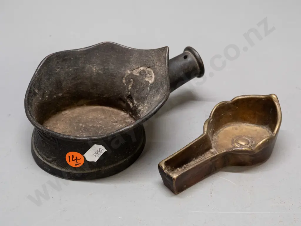 2 small cast bronze items - ladle or scoop with fitting for handle and a smaller vessel or incense burner with scalloped Image 1++