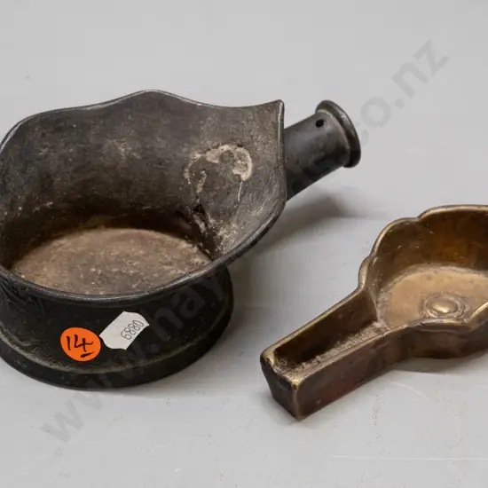 2 small cast bronze items - ladle or scoop with fitting for handle and a smaller vessel or incense burner with scalloped