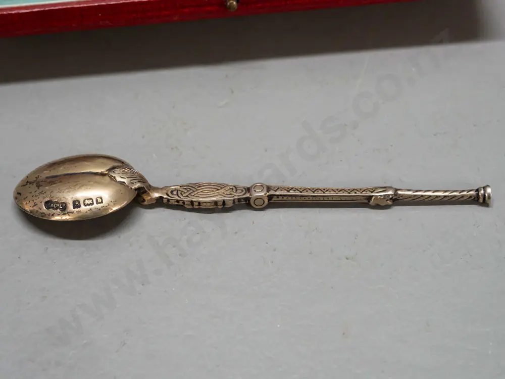 ornate spoon in fitted case marked Elkington & Co London - spoon with etched celtic & other motifs, hallmarked, with Image 1++