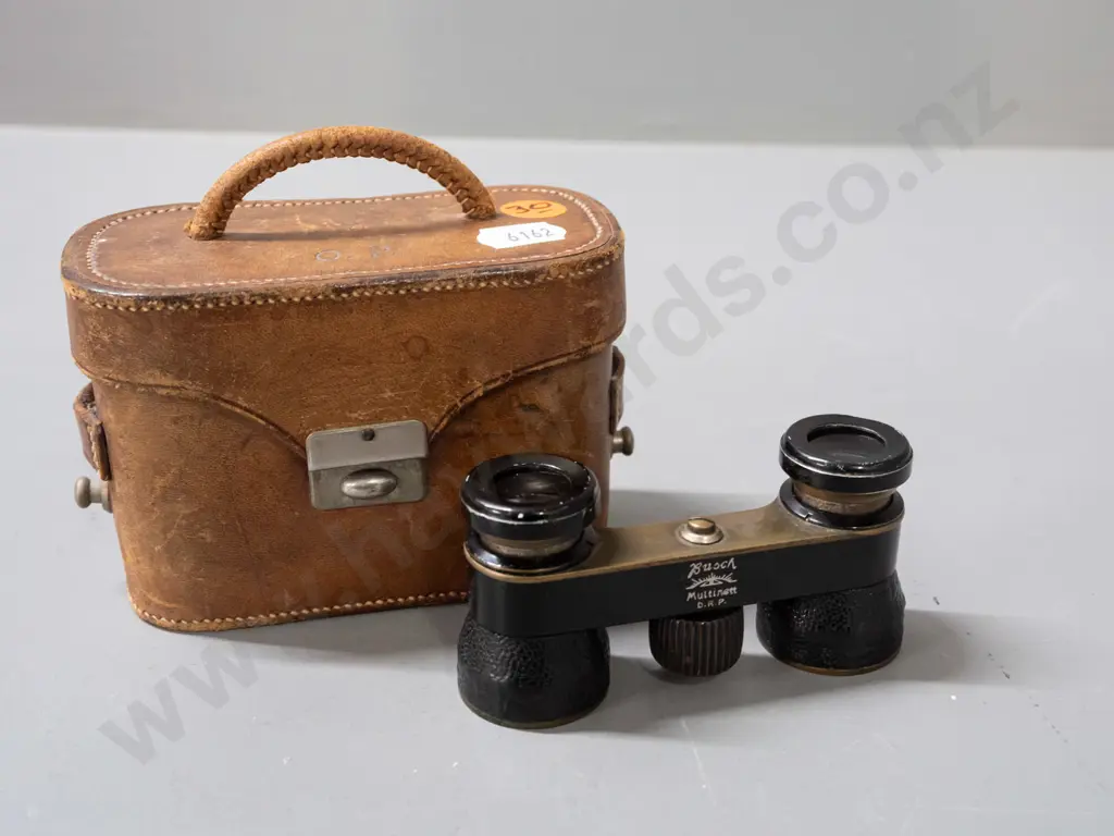 vintage Busch opera glasses with shagreen covering, brass body, marked Multinett DRP, focusing wheel marked Emil Busch Image 1++