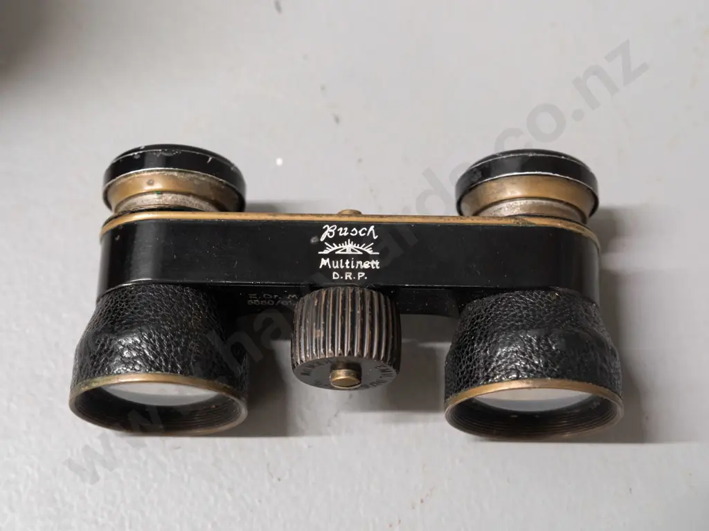 vintage Busch opera glasses with shagreen covering, brass body, marked Multinett DRP, focusing wheel marked Emil Busch Image 1++