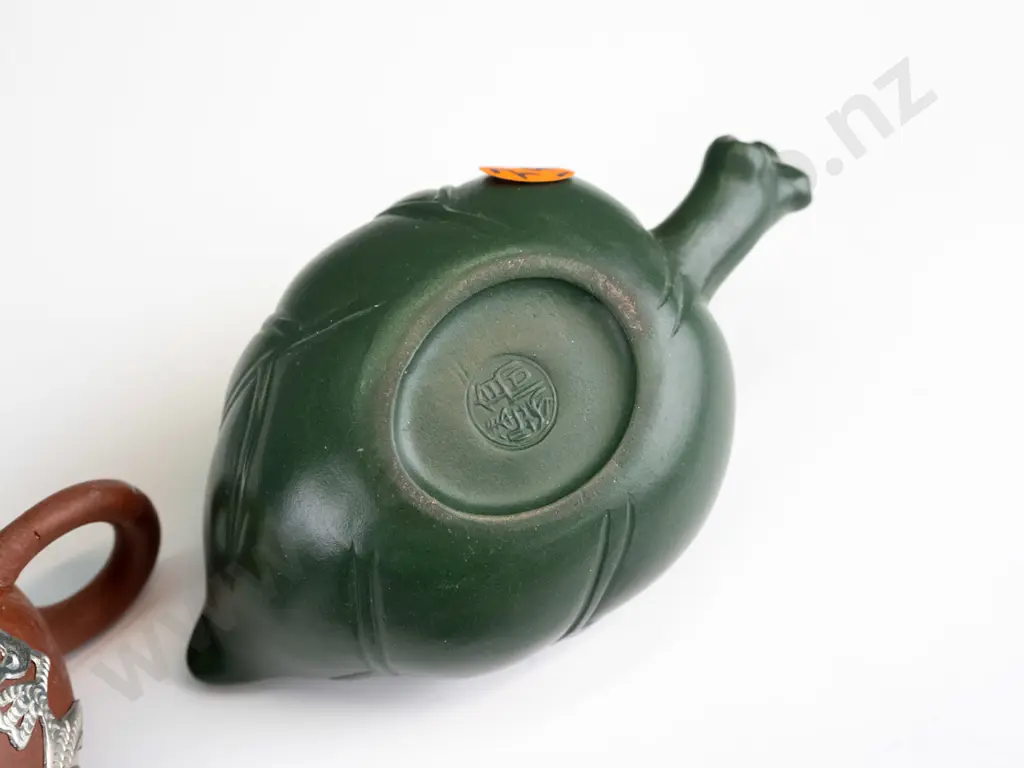 2 small Chinese clay teapots - green foliate with 2 silkworms and one with pierced plated dragon motif mounts, has had Image 1++