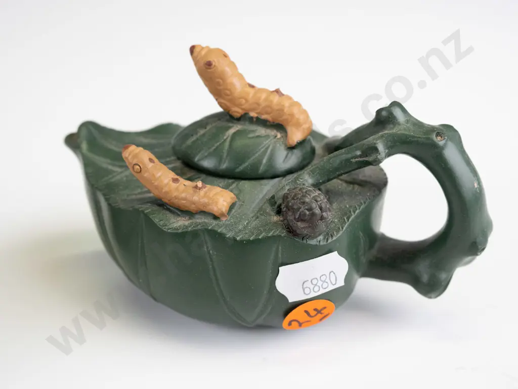 2 small Chinese clay teapots - green foliate with 2 silkworms and one with pierced plated dragon motif mounts, has had Image 1++