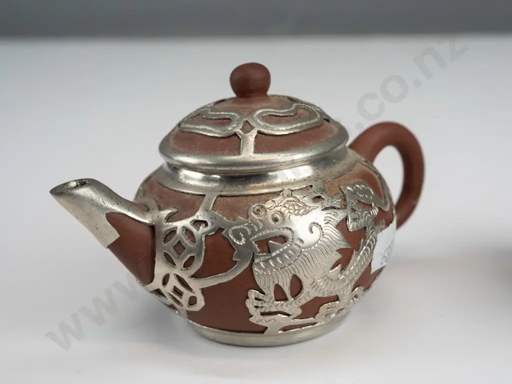 2 small Chinese clay teapots - green foliate with 2 silkworms and one with pierced plated dragon motif mounts, has had Image 1++