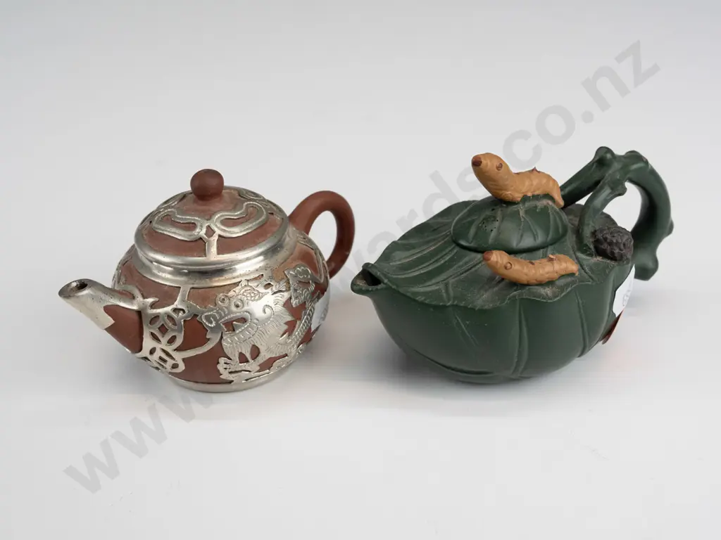 2 small Chinese clay teapots - green foliate with 2 silkworms and one with pierced plated dragon motif mounts, has had Image 1++
