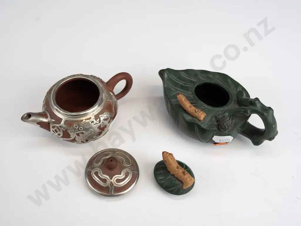 2 small Chinese clay teapots - green foliate with 2 silkworms and one with pierced plated dragon motif mounts, has had Image 1++