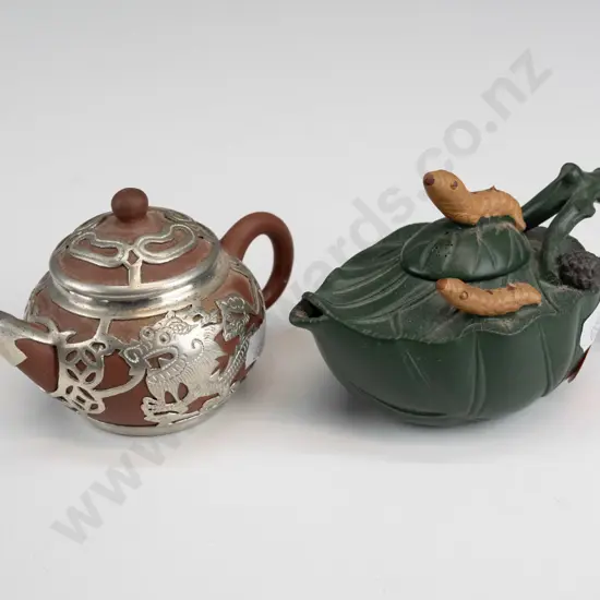 2 small Chinese clay teapots - green foliate with 2 silkworms and one with pierced plated dragon motif mounts, has had