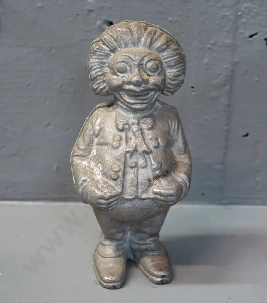cast alloy 2-piece clown figure money box - some corrosion on screw head H-145 Image 1++