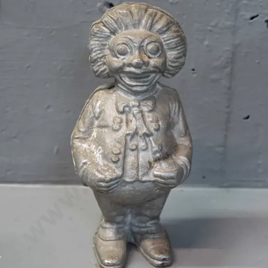 cast alloy 2-piece clown figure money box - some corrosion on screw head H-145