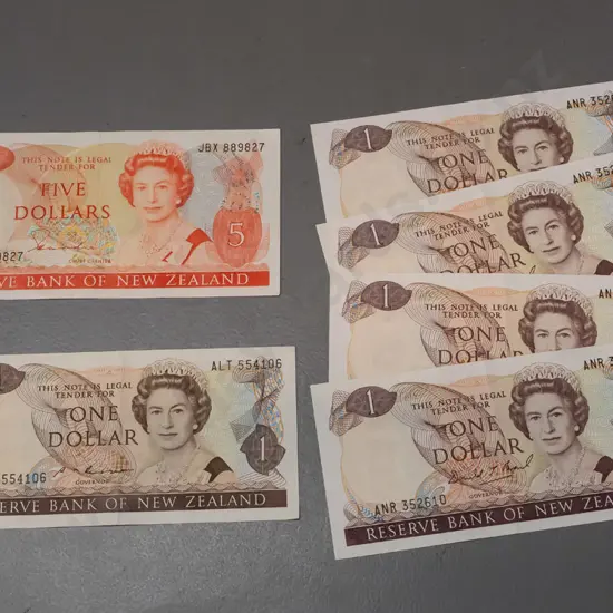 6 New Zealand bank notes - sequential set of 4 dollar notes, one other dollar and a $5 - slight wear / folding