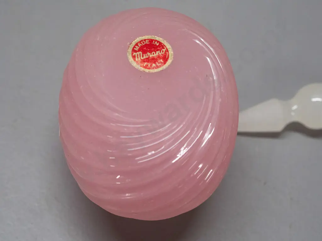 small Murano glass scent bottle - swirled pink and white, with Murano Italy label on base. Small chip to stopper bottom Image 1++