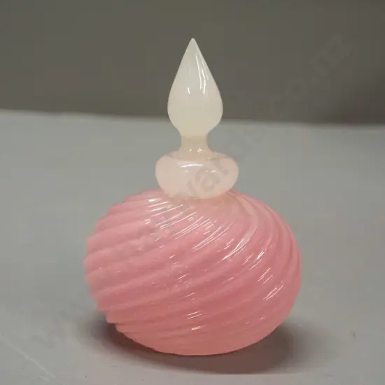 small Murano glass scent bottle - swirled pink and white, with Murano Italy label on base. Small chip to stopper bottom