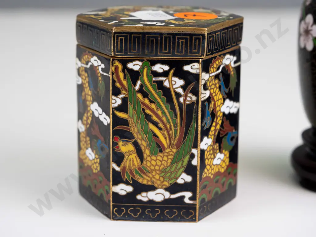 2 small Chinese cloisonne items - 6 sided lidded canister with cast mark in base and a small vase on wooden stand, no Image 1++