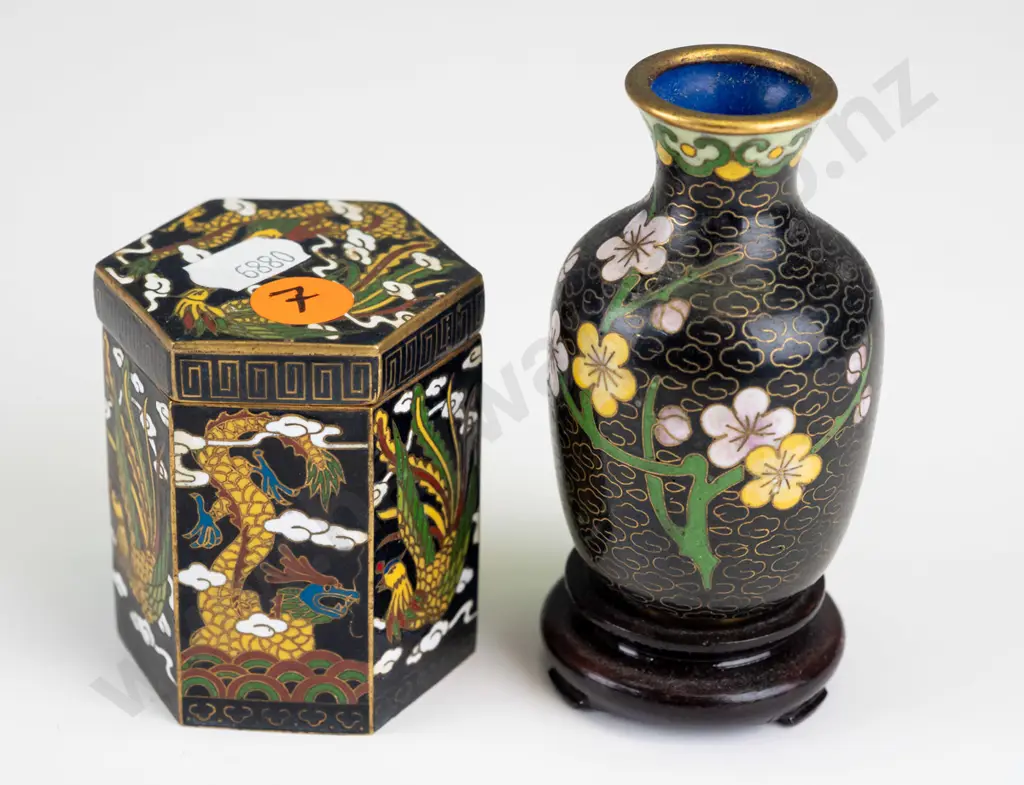 2 small Chinese cloisonne items - 6 sided lidded canister with cast mark in base and a small vase on wooden stand, no Image 1++