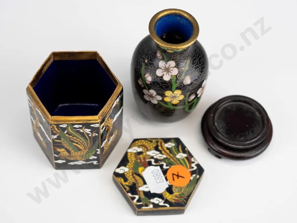 2 small Chinese cloisonne items - 6 sided lidded canister with cast mark in base and a small vase on wooden stand, no Image 1++
