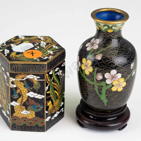 2 small Chinese cloisonne items - 6 sided lidded canister with cast mark in base and a small vase on wooden stand, no