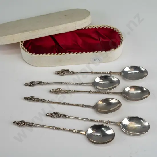6 silver apostle spoons, each marked '925' - with small lined cardboard box. Spoons L-130