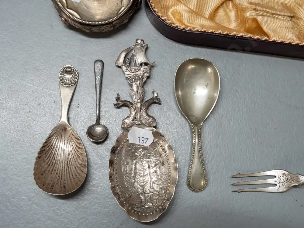 sterling silver open salt (missing feet) and assorted plated caddy spoons, faux bone handled pickle fork L-230 etc. Image 1++