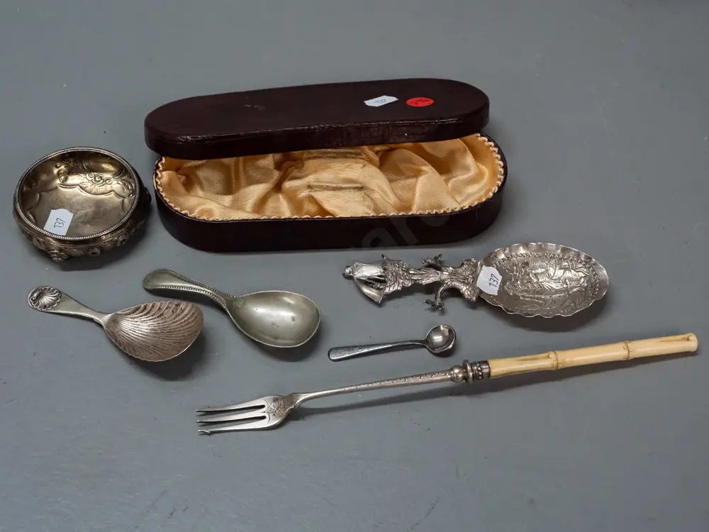 sterling silver open salt (missing feet) and assorted plated caddy spoons, faux bone handled pickle fork L-230 etc. Image 1++
