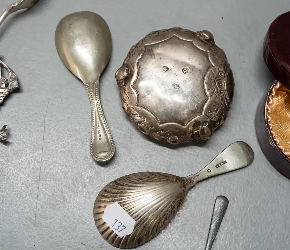 sterling silver open salt (missing feet) and assorted plated caddy spoons, faux bone handled pickle fork L-230 etc. Image 1++