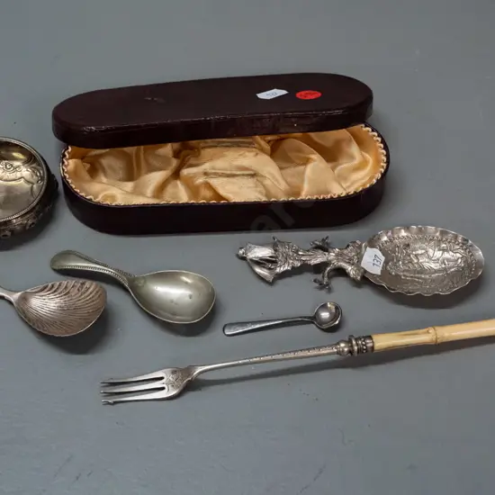 sterling silver open salt (missing feet) and assorted plated caddy spoons, faux bone handled pickle fork L-230 etc.