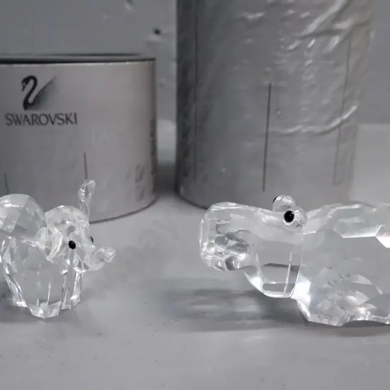 Swarovski 2x miniature figurines: hippo & elephant w/ original packaging. Elephant H-35