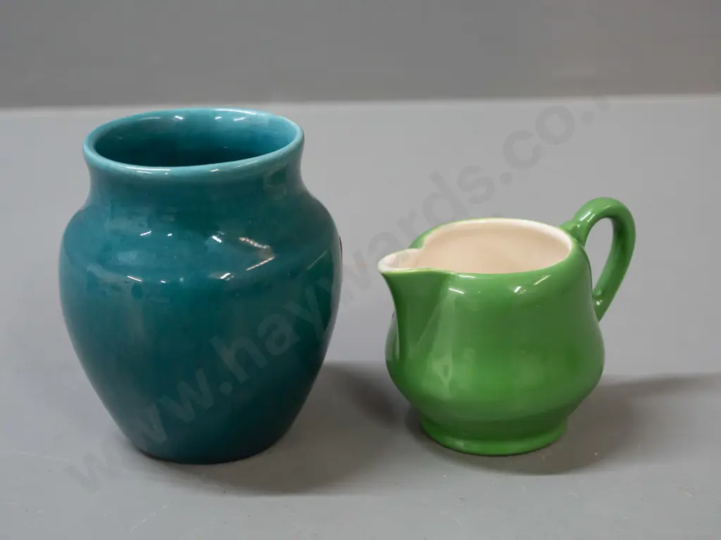 O.C. Stephens blue-green vase and a small green Clarice Cliff Royal Staffordshire Ceramics jug. Stephens H-85, has a Image 1++