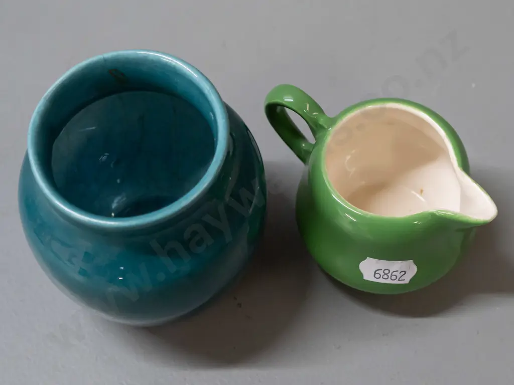 O.C. Stephens blue-green vase and a small green Clarice Cliff Royal Staffordshire Ceramics jug. Stephens H-85, has a Image 1++