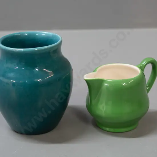 O.C. Stephens blue-green vase and a small green Clarice Cliff Royal Staffordshire Ceramics jug. Stephens H-85, has a