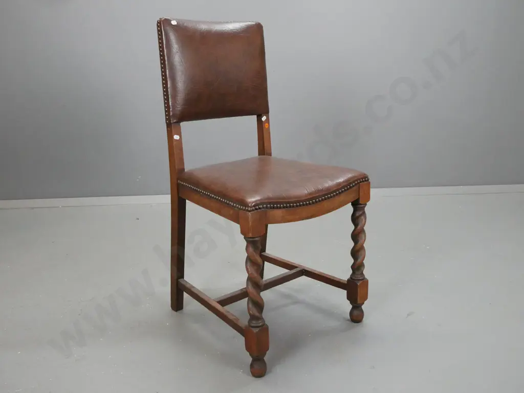 vintage oak side chair with twist front leg supports on stretcher base, brown leather with brass studs. Image 1++
