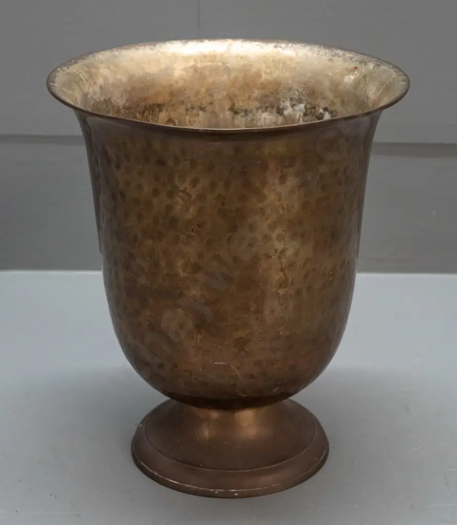 hammered cast brass goblet shaped urn vase - dent to base, some corrosion inside H-220 D-180 at top. Image 1++