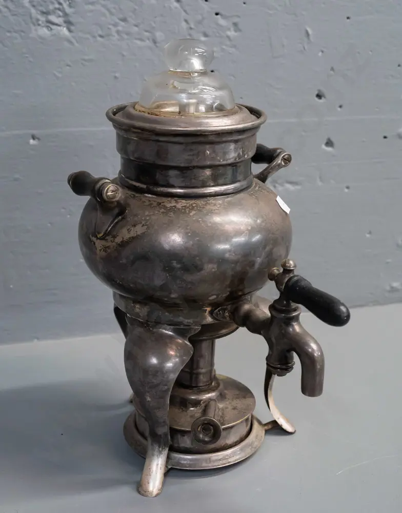 vintage Landers Frary & Clark coffee percolator with spirit burner - spigot with wood handle, clear glass insert on lid, Image 1++